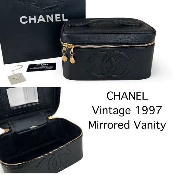 CHANEL Rare 1997 Mirrored Vanity Cosmetic Case / Make Up Bag / Caviar Leather - Picture 1 of 16